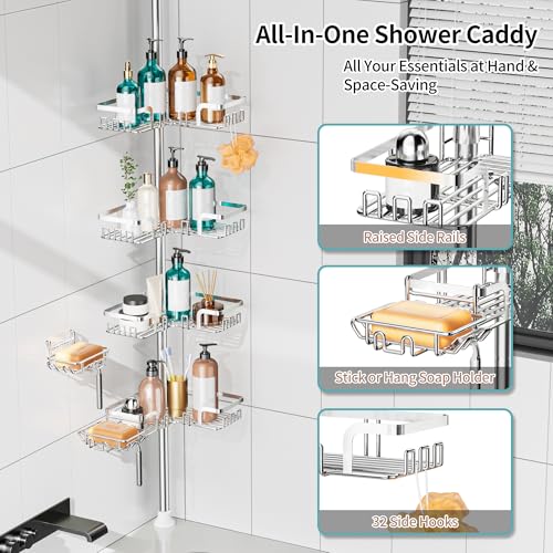 KEGII Shower Caddy Tension Pole, Rustproof Corner Organizer, Silver | No Drill Adjustable Shower Shelf with Soap Holder and Hooks, 25-114.2 inch Storage Solution for Families and Renters - color: Silver