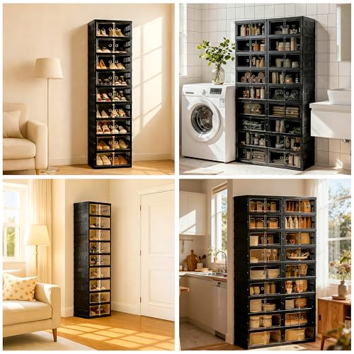 Foldable Shoe Organizer Storage Box, Portable Extra Large Folding Shoe Rack for Closet, Shoe Storage Box with Magnetic Transparent Door and Wheels, 9 Layers 18 Grids - size: Black 9 Layers-A