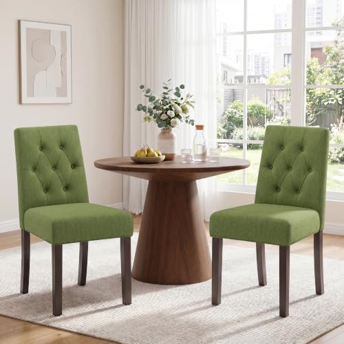 Dining Chairs Set of 2, Parsons Chairs for Small Spaces, Light Beige | Modern Dining Room Chairs with Solid Wooden Legs, Fabric Upholstered Kitchen Chairs for Restaurant & Cafe - color: Tufted Green, size: Set of 2