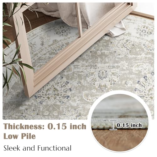 jinchan Round Rug 5ft Area Rugs Vintage Floral Distressed Design - Machine Washable Non-Slip Low-Pile Ultra-Thin Circle Rug for Entryway Bedside Living Room Dining Room Bedroom (5' Round,Taupe)