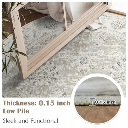 jinchan Round Rug 5ft Area Rugs Vintage Floral Distressed Design - Machine Washable Non-Slip Low-Pile Ultra-Thin Circle Rug for Entryway Bedside Living Room Dining Room Bedroom (5' Round,Taupe)