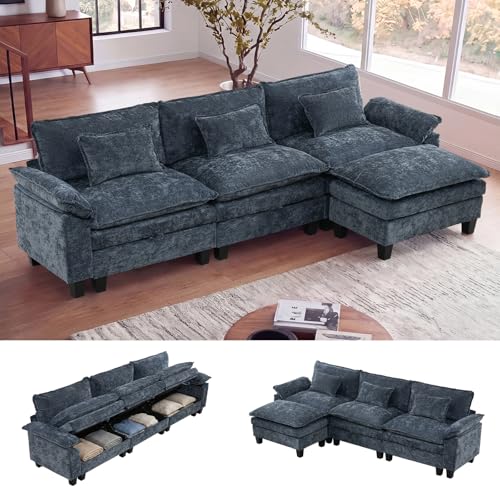 118" Modular Sectional Sofa with Storage, L-Shaped Cloud Couch | Deep Seat, Moveable Ottoman, Throw Pillows, Sofa Sleeper, Cloud Comfort Couches for Living Room Bedroom, Chenille Blue - color: Blue, size: 118" - 4 Seat L