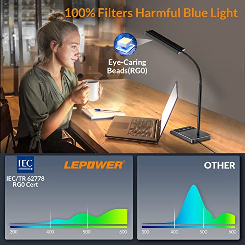 LEPOWER Desk Lamp, 800LM LED for Home Office, True Eye-Caring for Reading | 50 Lighting Modes, 2X Wider Panel, 360° Flexible Gooseneck, Touch Control, 12W Bright Table Lamp for Dorm, Bedroom, Study - color: Black