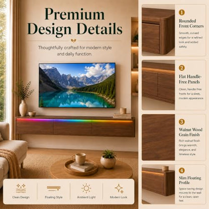 Brown Floating TV Stand Wall Mounted, 68.9'' TV Console Cabinet | floating tv console for 75-80 inch tv midcentury modern tv stand - color: Brown-e