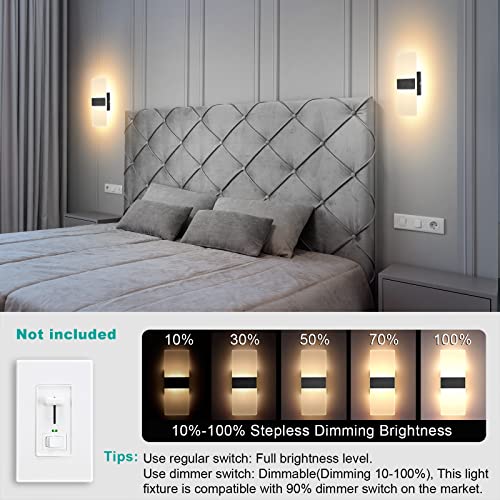 TRLIFE Dimmable LED Wall Sconces, Modern Wall Sconces Set of 2 Wall Mounted Lights 12W 3000K Warm White Hardwired Wall Sconce Lighting for Bedroom Bedside Bathroom Living Room Stairway(2 Pack, Black) - color: Warm White, size: Black Brushed Aluminum