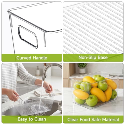 YKIOKE 8 Pack Clear Plastic Storage Bins with Handles, Stackable Organizer | BPA-Free, 4 Large & 4 Small Stackable Organizer Containers for Kitchen Cabinets, Countertops, Drinks, Fruits, Vegetables - size: 8-Pack