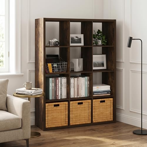 12-Cube Bookshelf, Cubicle Shelf Bookcase with Open Back, Position Reversible Book Shelf, 15 x 44 x 58, for Home Office, Living Room, Amber Pine - color: Amber Pine, size: 12 Cube