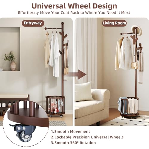 CozyDH Wooden Coat Rack Stand with Umbrella Holder and Wheels, Freestanding Hall Tree Coat Hanger with Multi Hooks, Heavy Duty Coat Tree for Entryway Bedroom Hallway Office, Walnut - color: Walnut, size: Round-15.7D×15.7W×72.8H