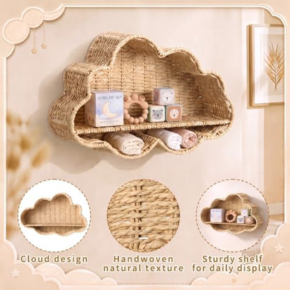 Cloud Nursery Wall Shelf Decor Boho Rattan Wicker Floating Shelves Handwoven Natural Rattan Hanging Organizer Storage Basket for Small Books Toys Nursery Bathroom Living Room Bedroom Corner - style: Cloud