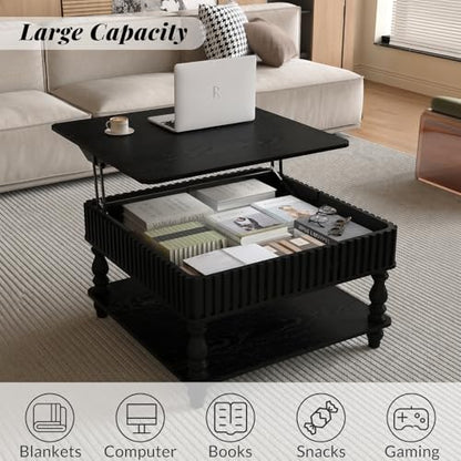 Quick Assemble Rectangular Lift Top Coffee Table with Large Storage | Black mid-century aesthetic, sturdy Solid Wood Roman legs, fluted side trim,Compact 31.5" x 31.5" x 18.11" - color: Black