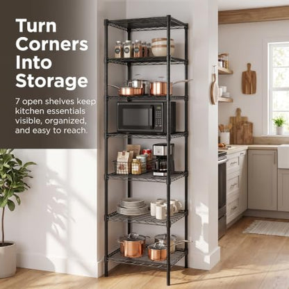 Finnhomy Heavy Duty 7 Tier Wire Shelving, 18x18x72 inches 7 Shelves Storage Rack with Thicken Steel Tube, Pantry Shelves for Storage, Adjustable Metal Shelving Unit, NSF Certified, Black - size: 72"H-Black