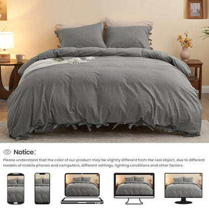 BISELINA 100% Washed Cotton Duvet Cover Set 3pcs with Bowknot Ties Strap Solid Color Linen Like Textured Durable Breathable Soft Comfy Chic Bedding (Queen, Dark Grey) - color: Dark Grey, size: Queen