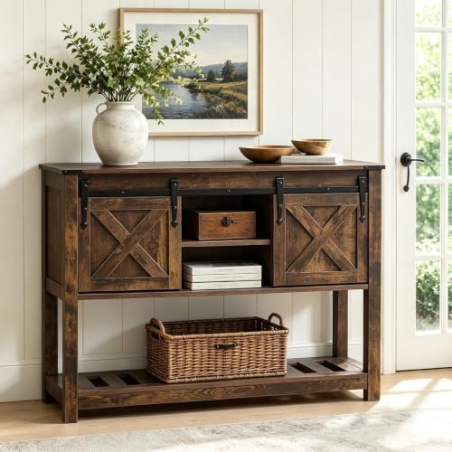 Farmhouse Entryway Table with Sliding Barn Doors, Wood Console Table with Storage Shelf, Rustic Sofa Table for Living Room, Entryway, Foyer, Brown - color: Brown