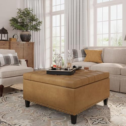 FiveWillowise 31.5 Inch Large Square Ottoman with Storage,Faux Leather | Coffee Table Storage Ottoman Bench with Lift Top Upholstered Footrest Stool Toy Box for Bedroom Living Room,Camel - color: Camle