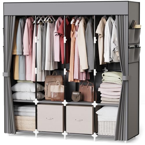 Mavivegue Portable Closet Wardrobe, Clothes Organizer with 4 Hanging Rods, Non-Woven Fabric Cover, Large Capacity Storage for Bedroom and Living Room,Gray, 67" W x 17" D x 67" H - color: Grey, size: 67"W x 17"D x 67"H