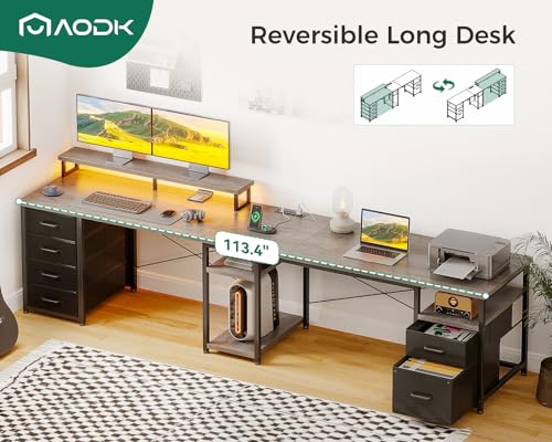 AODK 66" L Shaped Desk, 113" Computer Desk for Home Office and Gaming | Desk with File Cabinet & 4 Fabric Drawers, Monitor Shelf & Power Outlet, Two Person Desk, Gaming Table with LED Light, Grey - color: Grey