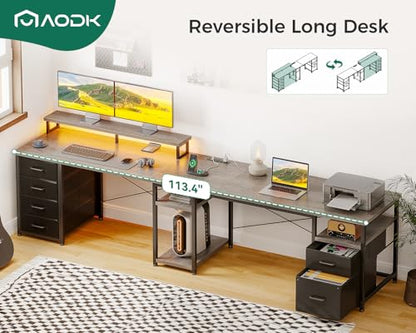 AODK 66" L Shaped Desk, 113" Computer Desk for Home Office and Gaming | Desk with File Cabinet & 4 Fabric Drawers, Monitor Shelf & Power Outlet, Two Person Desk, Gaming Table with LED Light, Grey - color: Grey
