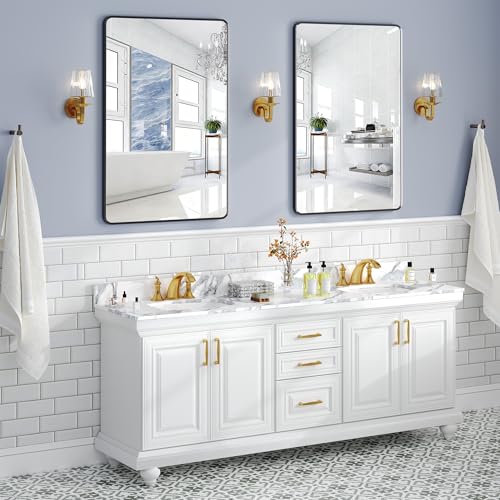 Krymnar 36"x24" Bathroom Vanity Mirror Over Sink, Black Rectangular Aluminum Frame with Rounded Corner(Small-Radius), HD Shatterproof Glass & Rust-Proof Wall Mirror for Bedroom, Living Room, Entryway - size: 36"L x 24"W