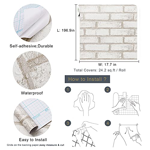 Timeet Brick Wallpaper Brick Peel and Stick Wallpaper Self Adhesive Brick Contact Paper Faux Brick Wallpaper Removable Wall Paper for Bedroom Laundry Room Accent Walls 17.7"×197" - color: Beige,white, size: 17.7" x 197"