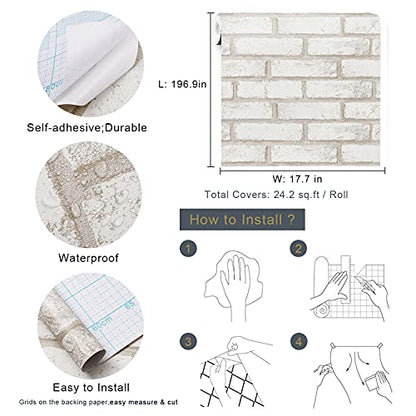 Timeet Brick Wallpaper Brick Peel and Stick Wallpaper Self Adhesive Brick Contact Paper Faux Brick Wallpaper Removable Wall Paper for Bedroom Laundry Room Accent Walls 17.7"×197" - color: Beige,white, size: 17.7" x 197"
