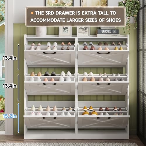 Maupvit Large Shoe Storage Cabinet with 6 Flip Drawers, Freestanding Shoe Organizer with Metal Handles for Entryway, Narrow Shoe Rack Cabinet, White - color: White, style: 6-Drawers