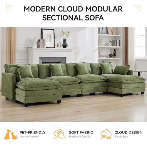 147'' Sectional Cloud Deep Seat Couch, Oversized Chenille U Shaped Sectional Sofa for Living Room Set, Comfy Upholstered Modular Sectional Sofa Couch with Movable Ottoman, Green - color: Green, size: 147'' U Shape