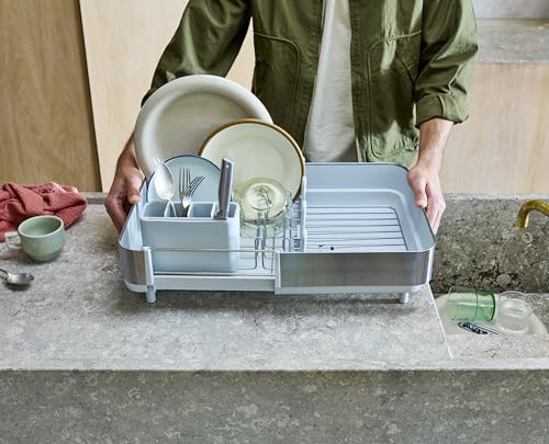 Joseph Joseph Extend Steel Plus Extendable Dish Rack Steel, Small to Large Dish Drainer with Wine Glass Holder & Drain Spout - color: Light Stone, style: Plus