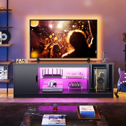 Bestier 57 Inch LED TV Stand for 55-65 Inch TVs, Gaming Center, Black | LED Lighting, RGB Effects, PS5/Xbox Storage, Adjustable Glass Shelves, Cable Management, Modern Black Design - color: Black Carbon Fiber
