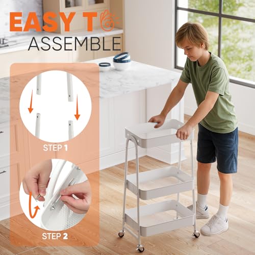 Sekey 3 Tier Rolling Cart, Hanging Cups, Hooks, Heavy Duty Mesh Rolling Storage Cart Organizer with 2 Lockable Wheels for Bathroom, Kitchen, Office, Craft, Makeup, Baby Essentials, White - color: White