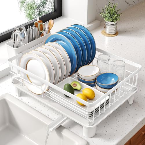 SNTD Dish Drying Rack for Small Kitchen Counter, 11" W x 15" L, White | Space Saving, Rotating Spout & Angled Drainboard for Quick Drainage, Stainless Steel, Removable Utensil Holder - color: White, size: 11" W x 15" L