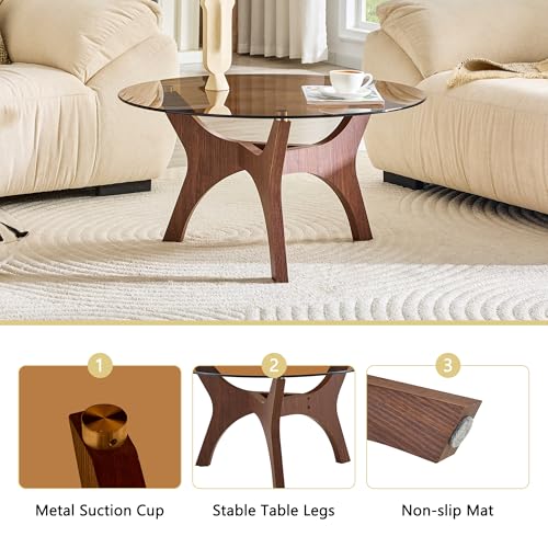 31.5" Round Glass Coffee Table, Walnut Modern Coffee Table with Brown-Tinted Tempered Glass Top, 3-Leg Geometric Base Accent Table for Living Room, Small Space - color: Walnut, size: 31.5" 3-Leg Geometric Base