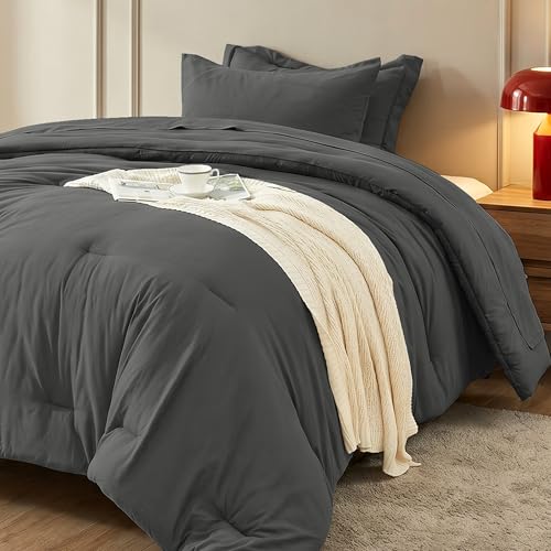 Twin Comforter Set 5 Pieces - Ultra-Soft Bed in a Bag Twin Size, Cozy Luxury All Season Bedding Sets with Comforter, Flat Sheet, Fitted Sheet, 1 Pillow Shams & 1 Pillowcases, Dark Gray - color: Dark Gray, size: Twin