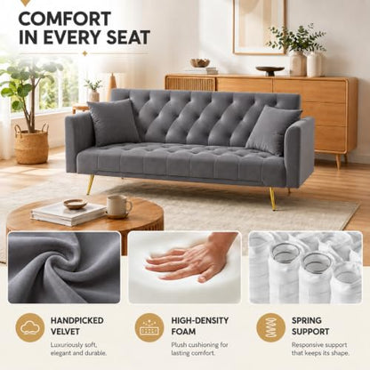 Anwick 72''Modern Velvet Sofa Bed Futon,Convertible Folding Sleeper Couches with 3 Adjustable Backrests,Tufted Recliner Loveseat with Golden Chrome Legs for Living Room Apartment Office (Dark Grey) - color: Dark Grey