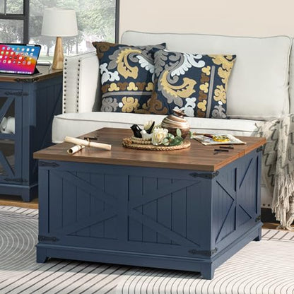Joaxswe Farmhouse Coffee Table with Hidden Storage Organizer, Modern Square Large Center Table, Wood Farm House Low Navy Blue Living Room Tables with Hinged Lift Top for Home, Office - color: Blue, style: With Legs