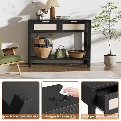 Boho Chic Console Table with 2 Rattan Drawers and Open Shelf Storage, Narrow Farmhouse Sofa Table for Small Space Entryway, Living Room,Hallway, Black - color: Black