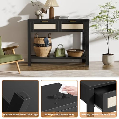 Boho Chic Console Table with 2 Rattan Drawers and Open Shelf Storage, Narrow Farmhouse Sofa Table for Small Space Entryway, Living Room,Hallway, Black - color: Black