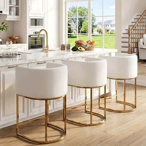 HNY Modern Barrel Counter Height Gold Clearance Bar Stools Set of 2, 24 Inch Kitchen Bar Stools with Back, PU Leather Barstools Bar Height for Island with Golden Metal Tubular Frame, White - color: 24inch ,White,gold Base