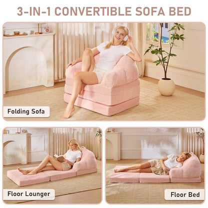 wanan Folding Sofa Bed, 3-in-1 Convertible Boneless Couch with Handle, Floor Lounger & Sleeper Chair for Adults, Comfy Folding Couch Single Sofa for Living Room Bedroom, Pink - color: Pink