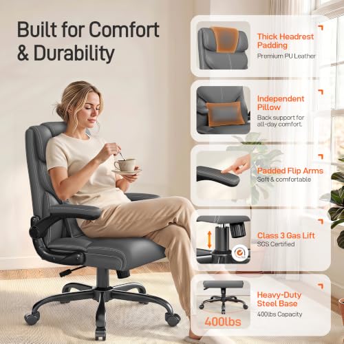 Office Chair, Executive Mid-Back Computer Desk Chair with Flip-up Armrests | 300 Lbs Ergonomic Leather Swivel PC Chair with Rock Function for Working Studying (Gray) - color: Grey