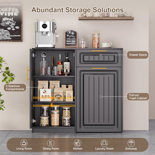 ZIFTY Pull Out Trash Can Cabinet with Storage, 13 Gallon Trash Can, Black | Pet Proof, Freestanding Kitchen Cabinet, Drawer & Adjustable Shelf, Garbage Recycling, Modern Farmhouse Waste Bin Furniture - color: Black, size: 34.3"W X 16.3"D X 33.5"H
