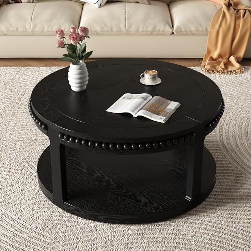 31.5" Round Wood Coffee Table, 2 Tier Modern Center Table,Solid Wood+MDF, Easy Assembly, Accent Table for Living Room, Apartment, Small Space. (Black) - color: Black-m