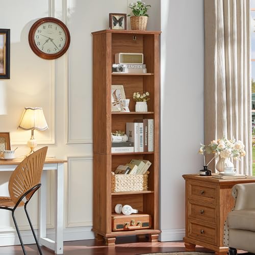 70" Tall Narrow Book Shelf, 5-tire Bookshelf with Adjustable Shelves & Solid Wood Legs, Farmhouse Freestanding Bookcase with Open Storage, Wood Book Case for Office, Living Room, Brown - color: Brown