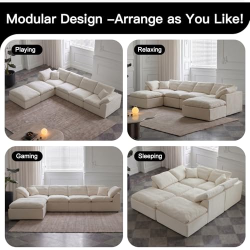 Cloud Couch Sectional for Living Room, Modular L Shaped Boneless Sofa with Chaise, Compressed No Assembly Couch, Deep Seat Chenille Upholstered Convertible Sofa Bed (Beige) (139″‌ U-Shaped White) - color: White
