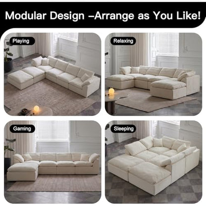 Cloud Couch Sectional for Living Room, Modular L Shaped Boneless Sofa with Chaise, Compressed No Assembly Couch, Deep Seat Chenille Upholstered Convertible Sofa Bed (Beige) (139″‌ U-Shaped White) - color: White