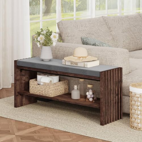 40" Storage Bench with Plush Cushion & 2-Tier Organizer, Modern Entryway Ottoman Bench for Hallway, Mudroom, Bedroom (Rustic Oak) - color: Rustic Oak