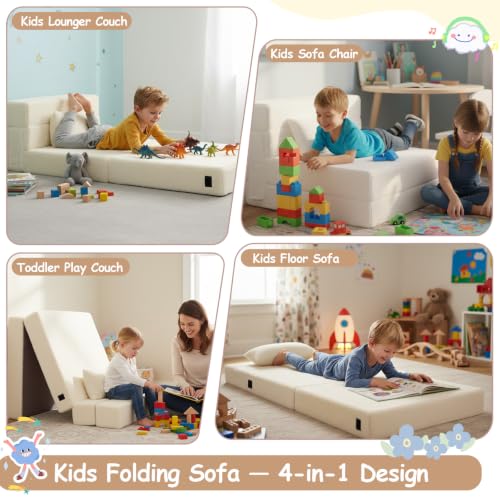 Kids Floor Sofa for Toddler, Child Fold Up Sofa Couch Convertible Futon Folding Chair with Storage Bag for Kids, Plush Beige - color: Plush Beige