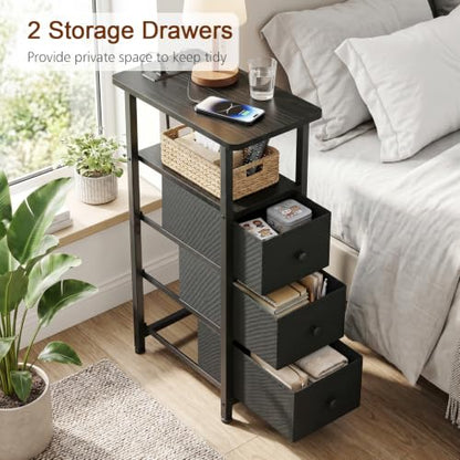 Narrow End Table with Charging Station, Small Nightstand | Skinny Side Tables Living Room with 3 Fabric Drawers, Slim Bedside Table for Bedroom, Small Spaces, Couch, Black - color: Black, size: 27.55''H (3 Drawers), style: Power