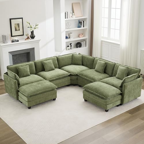 113'' V Shaped Cloud Sectional Sofa, Oversized Deep Seat Couches for Living Room, Chenille Comfy Upholstered Modular Sectional Sofa Couch with 2 Movable Ottoman, Green - color: Green, size: 113'' V Shaped+2 Ottoman