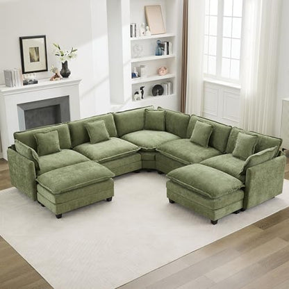 113'' V Shaped Cloud Sectional Sofa, Oversized Deep Seat Couches for Living Room, Chenille Comfy Upholstered Modular Sectional Sofa Couch with 2 Movable Ottoman, Green - color: Green, size: 113'' V Shaped+2 Ottoman