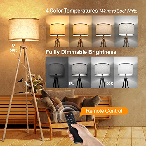 OUTON Wood Tripod Floor Lamp with Shelves, Mid Century Floor Lamp with Remote Control,4 Color Temperature, LED Modern Dimmable Standing Lamp with Beige Linen Shade for Living Room, Bedroom, Office - color: Wood